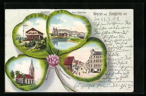 Passepartout-Lithographie Harburg a. E., Neue Elbbrücke, Sennhütte, Mühlenstrasse, Kleeblatt
