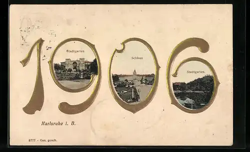 Präge-AK Karlsruhe i. B., Stadtgarten, Schloss, Jahrszahl 1906