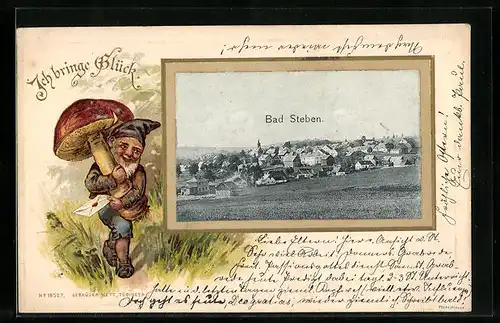 Passepartout-Lithographie Bad Steben, Gesamtansicht, Zwerg mit Brief und Pilz