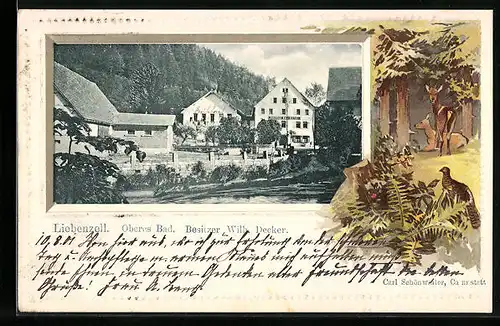 Passepartout-Lithographie Liebenzell, Blick nach dem Hotel oberes Bad