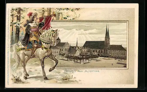 Passepartout-Lithographie Altötting, Ortspartie mit Kirche, Trompeter zu Pferde