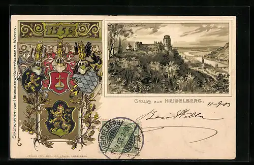 Passepartout-Lithographie Heidelberg, Gesamtansicht mit Neckar, Wappen
