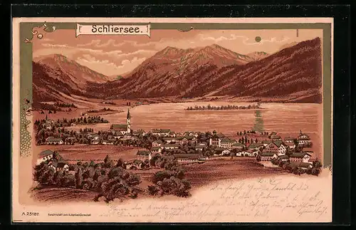 Lithographie Schliersee, Panorama mit Kirche