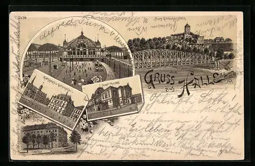 Lithographie Halle a. S., Rathaus und Gasthaus Ratskeller, Stadt-Theater, Bahnhof