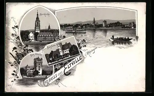 Lithographie Eltville im Rheingau, Pfarrkirche, Burg Eltville, Burg Grass