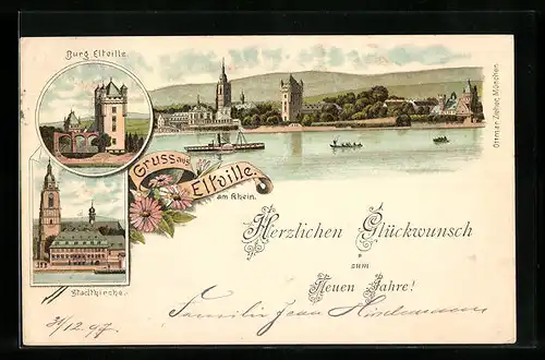 Lithographie Eltville, Uferpartie, Stadtkirche, Burg Eltville, Neujahrsgruss