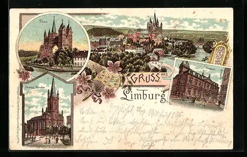 Lithographie Limburg a. L., Ortsansicht, Postamt, Dom, Evangelische Kirche