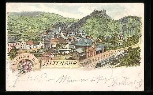Lithographie Altenahr, Ortsansicht mit Burg und Bahnhof