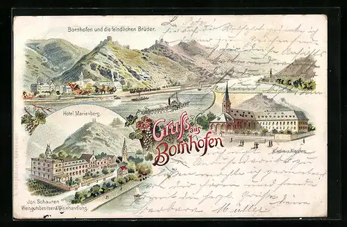 Lithographie Bornhofen, Hotel Marienberg v. J. Schauren, Kirche u. Kloster, Ortsansicht und die feindlichen Brüder