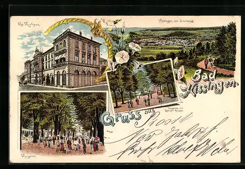 Lithographie Bad Kissingen, Kgl. Kurhaus, Ortsansicht vom Sinnberge, Kurgarten mit Quellen-Gruppe