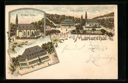 Lithographie Marienthal i. Rhg., Totalansicht, Kloster, Wallfahrts-Kirche