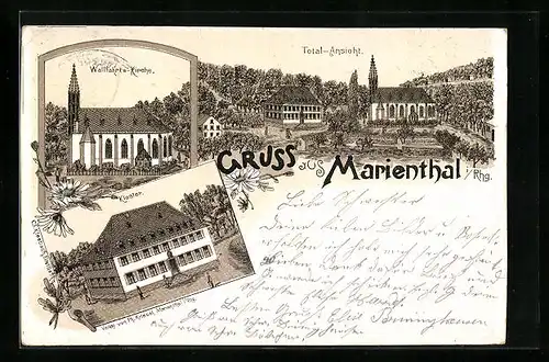 Lithographie Marienthal / Rhg., Wallfahrtskirche und Kloster, Totalansicht