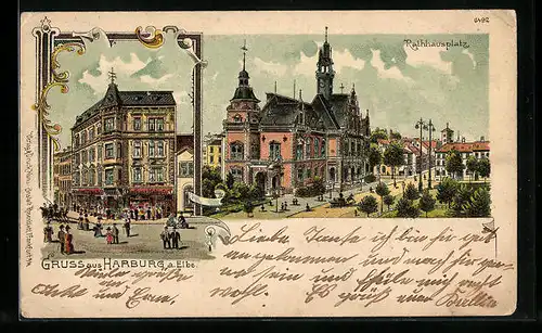 Lithographie Hamburg-Harburg, Kaufhaus J. Cobn, Rathhausplatz