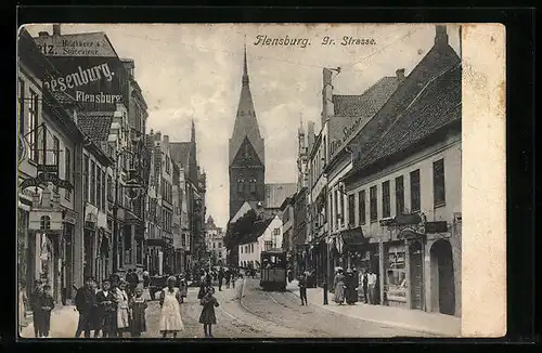 AK Flensburg, Grosse Strasse mit Gasthof Stadt Hamburg und Geschäften, Strassenbahn