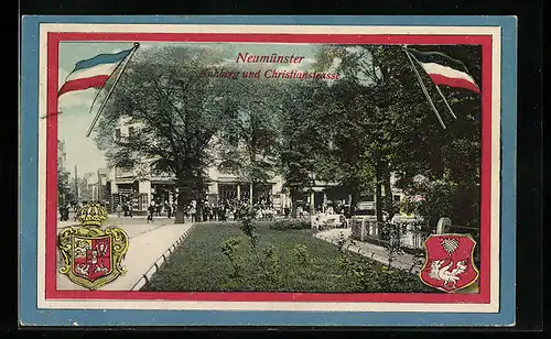 Künstler-AK Neumünster, Kuhberg und Christianstrasse, Stadtwappen