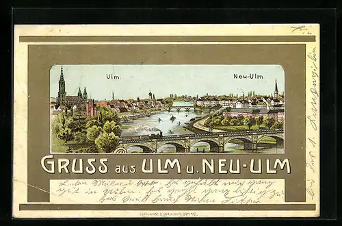 Künstler-AK Neu-Ulm, Teilansicht und Ulm mit Kirche