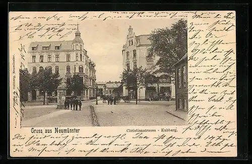 AK Neumünster, Strasse am Kuhberg und Christianstrasse mit Geschäft und Litfasssäule