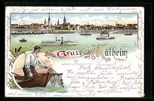 Lithographie Mülheim a. Rhein, Uferpartie mit Dampfern, Fischer im Boot