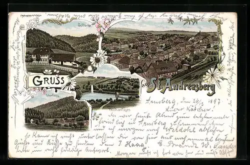 Lithographie St. Andreasberg, Schlucht, Teichanlagen, Oderhaus