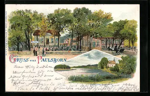 Lithographie Berlin-Paulsborn, Gasthaus Paulsborn, Jagdschloss Grunewald