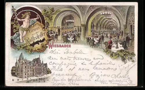 Lithographie Wiesbaden, Ratskeller, Speisesaal, Rathaus