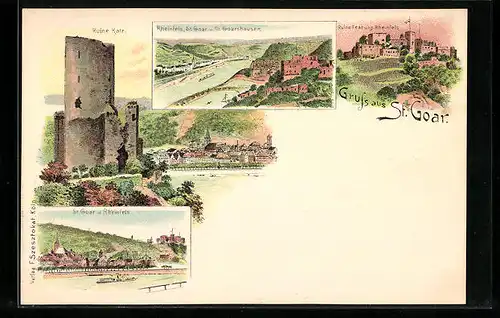 Lithographie St. Goar, Ruine Festung Rheinfels, Ruine Katz, Teilansicht mit Rheinfels