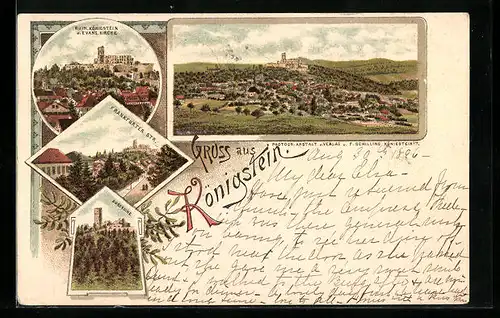 Lithographie Königstein, Ruine Königstein und Evangelische Kirche, Frankfurter Strasse, Burgruine