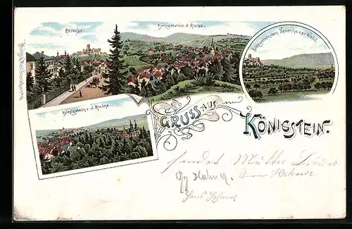 Lithographie Königstein, Teilansicht von der Ruine aus, Ortspartie vom Neuenhainer Wald, Strassenpartie