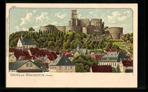 Lithographie Königstein / Taunus, Panorama der Burgruine