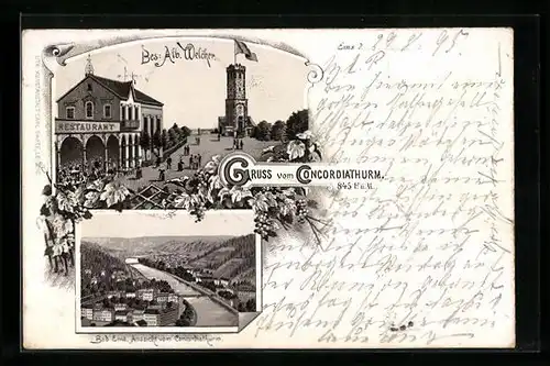 Vorläufer-Lithographie Ems, 1895, Restaurant Concordiaturm, Teilansicht