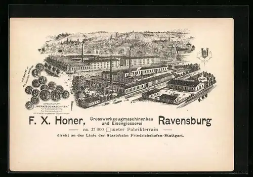 Lithographie Ravensburg, F.X. Honer Grosswerkzeugmaschinenbau und Eisengiesserei aus der Vogelschau