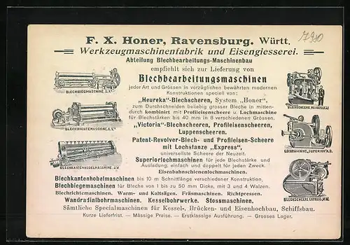 Lithographie Ravensburg, F.X. Honer Grosswerkzeugmaschinenbau und Eisengiesserei aus der Vogelschau