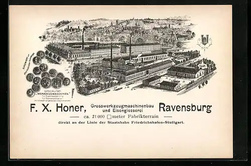 Lithographie Ravensburg, F.X. Honer Grosswerkzeugmaschinenbau und Eisengiesserei aus der Vogelschau