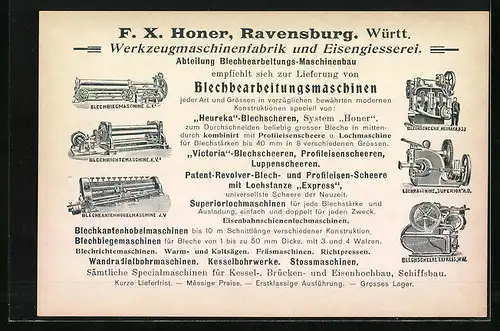 Lithographie Ravensburg, F.X. Honer Grosswerkzeugmaschinenbau und Eisengiesserei aus der Vogelschau