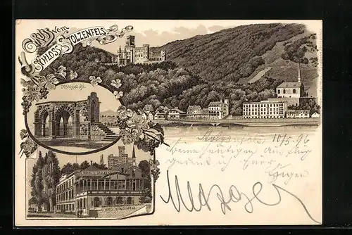 Lithographie Koblenz, Hotel Stolzenfels, Schloss, Königsstuhl