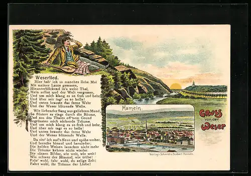 Passepartout-Lithographie Hameln, Stadtansicht aus der Vogelschau, Weserlied