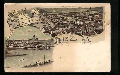 Lithographie Diez a. L., Ortsansicht, Hafenanlage