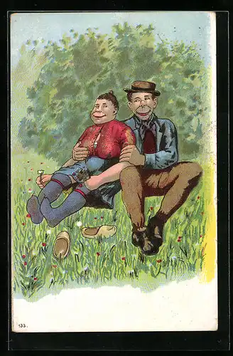 AK Mann sitzt mit Frau auf einer Blumenwiese, Erotik