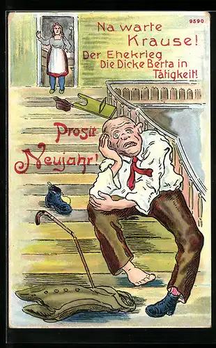 AK Die dicke Berta und Krause auf der Treppe, Neujahrsgruss, frauenfeindlicher Humor