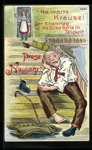 AK Die dicke Berta und Krause auf der Treppe, Neujahrsgruss, frauenfeindlicher Humor