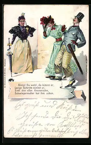 AK Herr und Dame bei der Schwiegermutter, frauenfeindlicher Humor