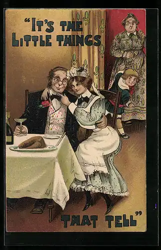 AK Herr mit Dienstmädchen im Arm am Tisch, frauenfeindlicher Humor