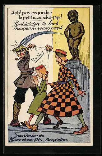 Künstler-AK Aoh! Pas regarder le petit menneke-Pipi!, Toilettenhumor