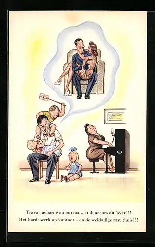 AK Mutter am Klavier und Vater mit Kindern, Erotik