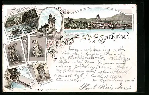 Lithographie Säkkingen, Ortsansicht m. Bergsee und Grab des Trompeters