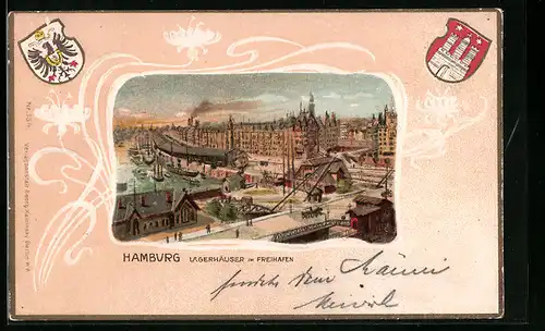 Lithographie Hamburg, Lagerhäuser im Freihafen mit Wappen