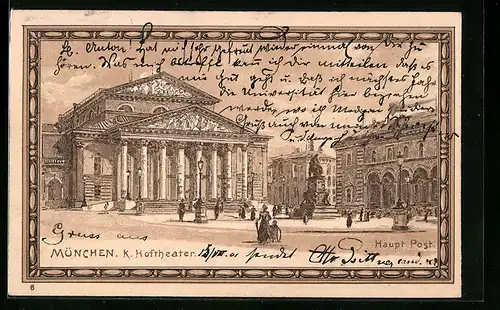 Lithographie München, K. Hoftheater und Haupt-Post mit Denkmal
