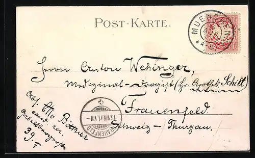 Lithographie München, K. Hoftheater und Haupt-Post mit Denkmal