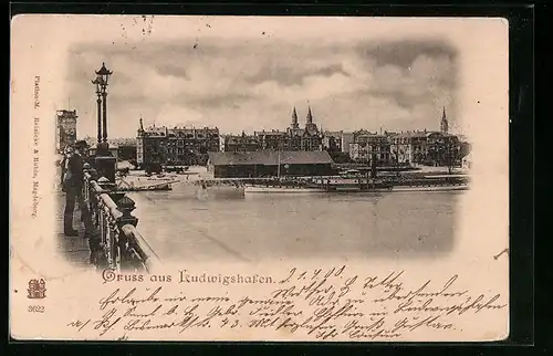 AK Ludwigshafen, Uferpartie mit Brücke