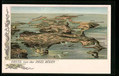 Lithographie Rügen, Insel aus der Vogelschau